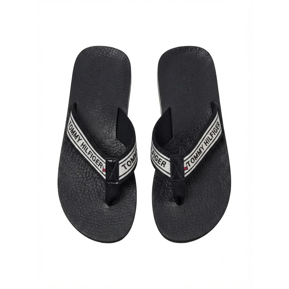 Tommy Hilfiger Mens Black White Logo Strap Flip Flop Thong Sandals Beach 10.5
